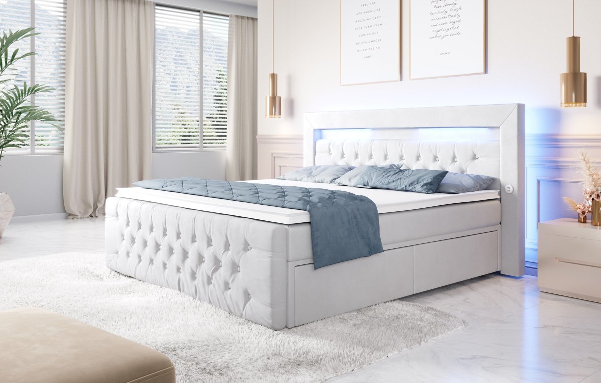Luxuriöses Boxspringbett Sunshine: Indirekte Beleuchtung, USB-Anschlüsse, Stauraum