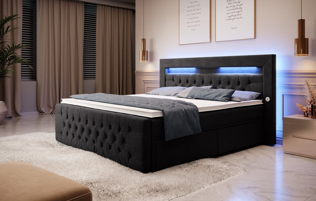 Luxuriöses Boxspringbett Sunshine: Indirekte Beleuchtung, USB-Anschlüsse, Stauraum