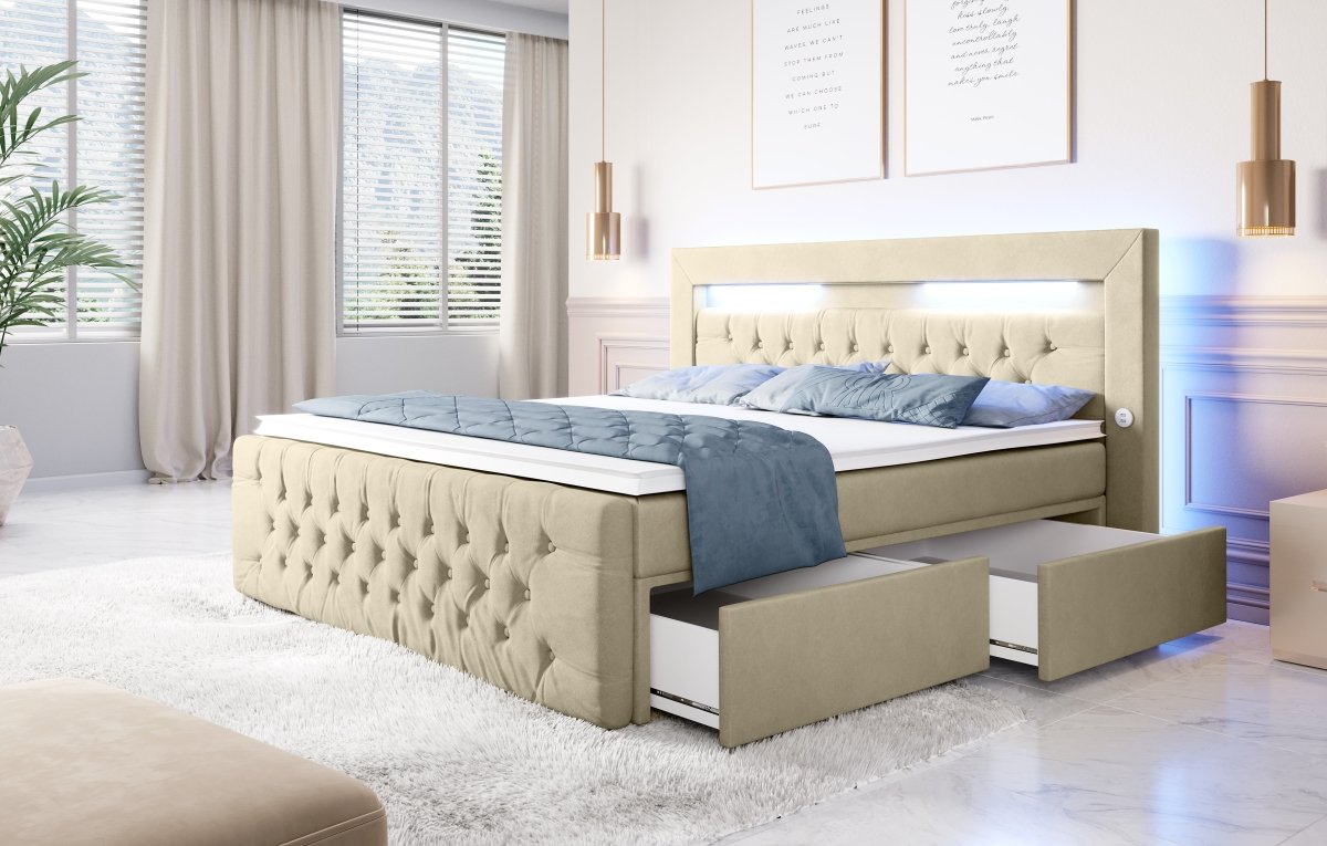 Luxuriöses Boxspringbett Sunshine: Indirekte Beleuchtung, USB-Anschlüsse, Stauraum
