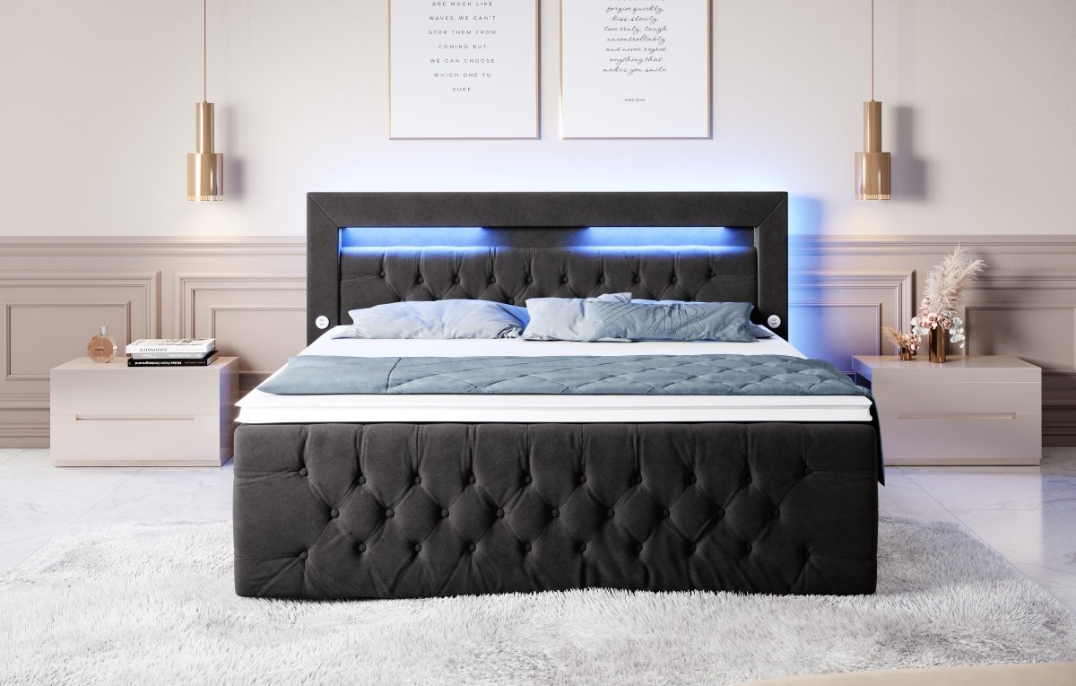 Luxuriöses Boxspringbett Sunshine: Indirekte Beleuchtung, USB-Anschlüsse, Stauraum