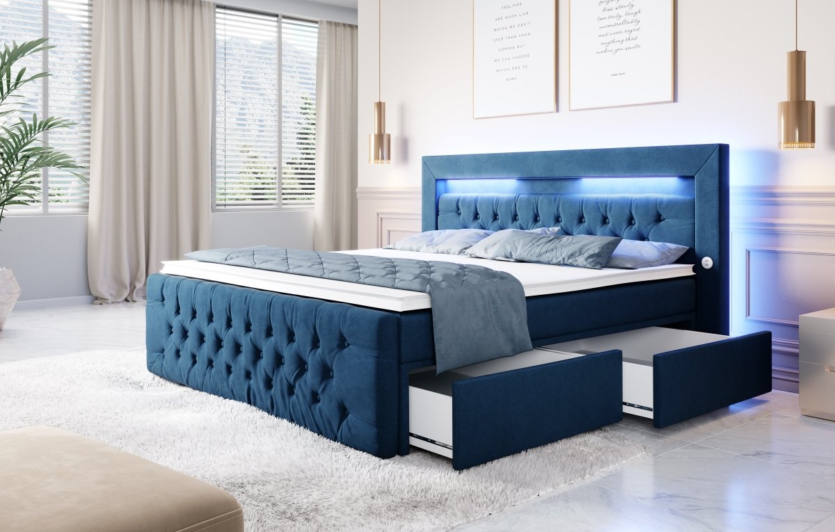 Luxuriöses Boxspringbett Sunshine: Indirekte Beleuchtung, USB-Anschlüsse, Stauraum