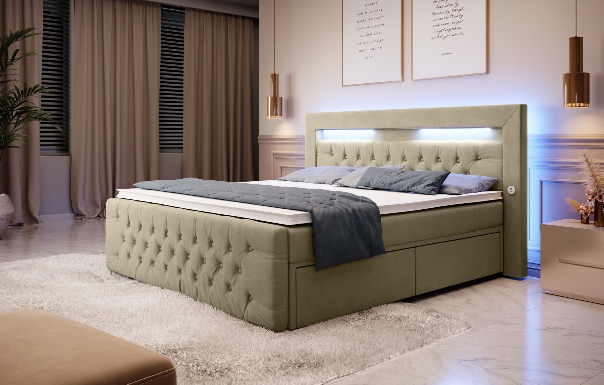 Luxuriöses Boxspringbett Sunshine: Indirekte Beleuchtung, USB-Anschlüsse, Stauraum
