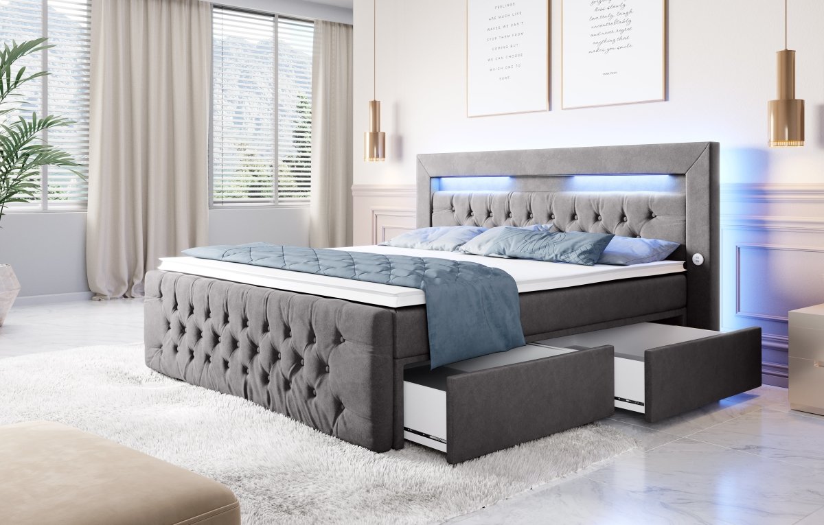 Luxuriöses Boxspringbett Sunshine: Indirekte Beleuchtung, USB-Anschlüsse, Stauraum
