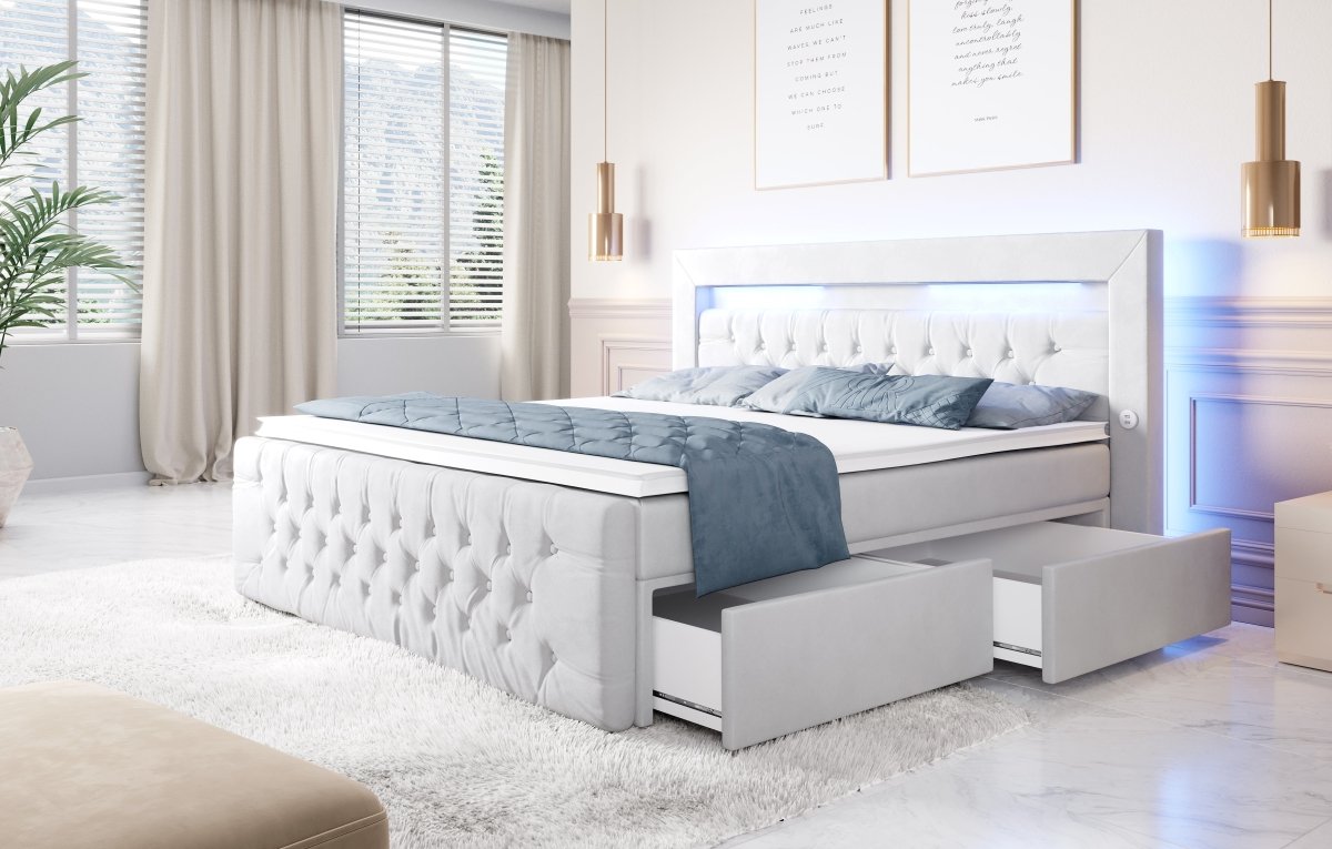 Luxuriöses Boxspringbett Sunshine: Indirekte Beleuchtung, USB-Anschlüsse, Stauraum