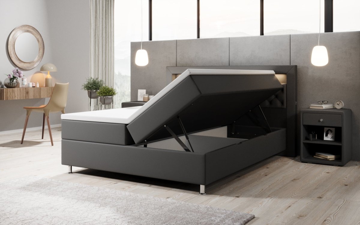 Luxus Boxspringbett Tesero mit Integriertem Stauraum, USB-Ladeanschlüssen und RGB-LED-Beleuchtung