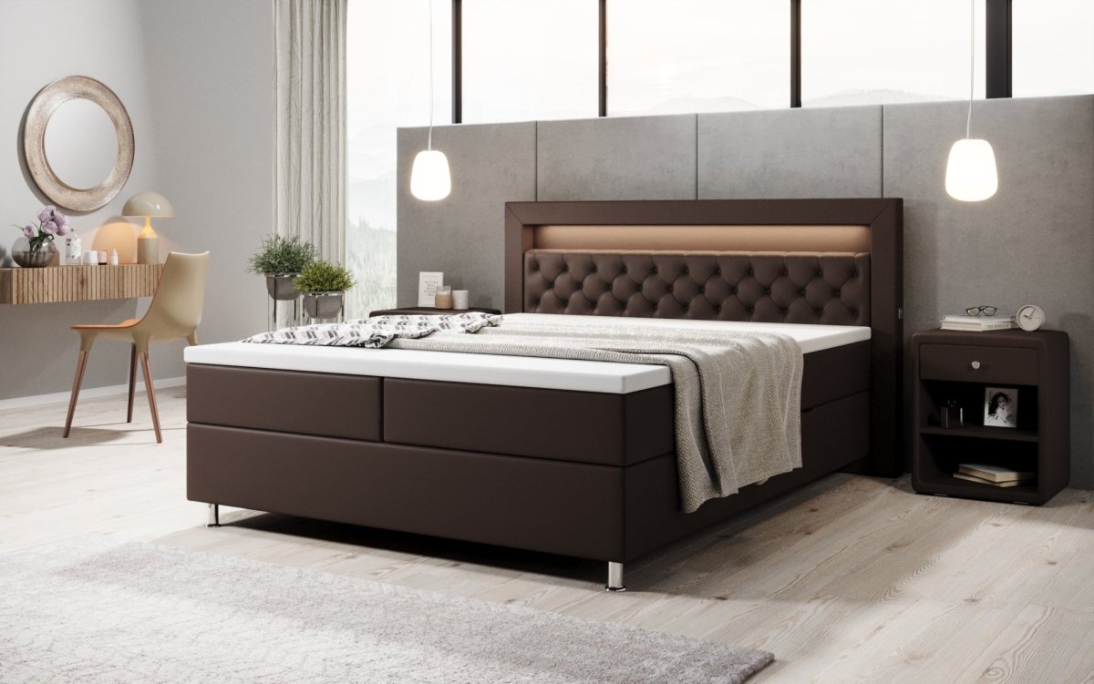Luxus Boxspringbett Tesero mit Integriertem Stauraum, USB-Ladeanschlüssen und RGB-LED-Beleuchtung