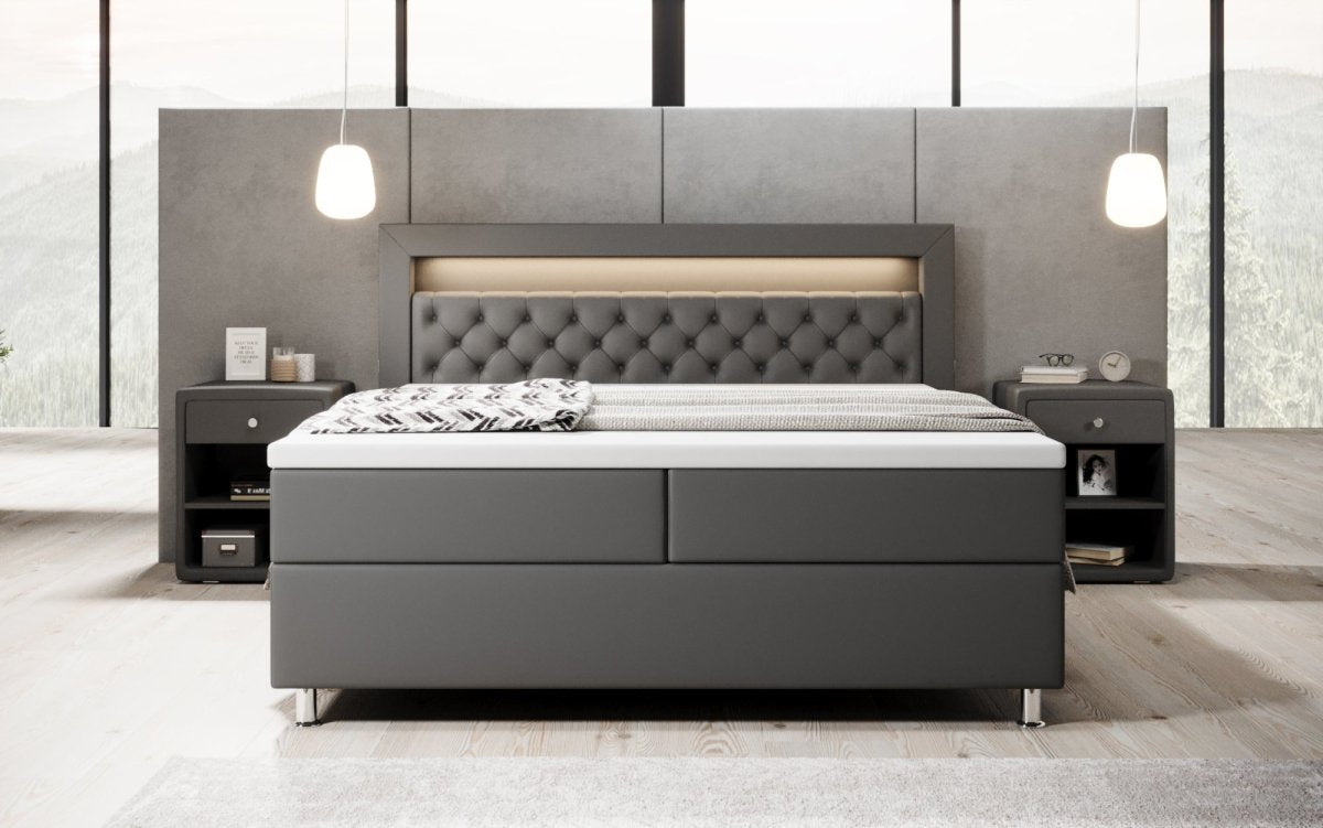Luxus Boxspringbett Tesero mit Integriertem Stauraum, USB-Ladeanschlüssen und RGB-LED-Beleuchtung