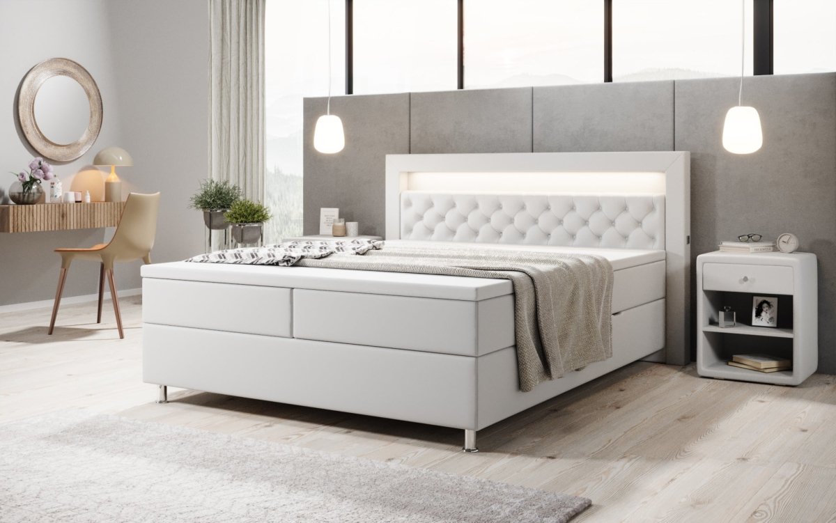 Luxus Boxspringbett Tesero mit Integriertem Stauraum, USB-Ladeanschlüssen und RGB-LED-Beleuchtung