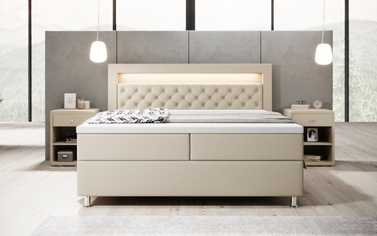Luxus Boxspringbett Tesero mit Integriertem Stauraum, USB-Ladeanschlüssen und RGB-LED-Beleuchtung