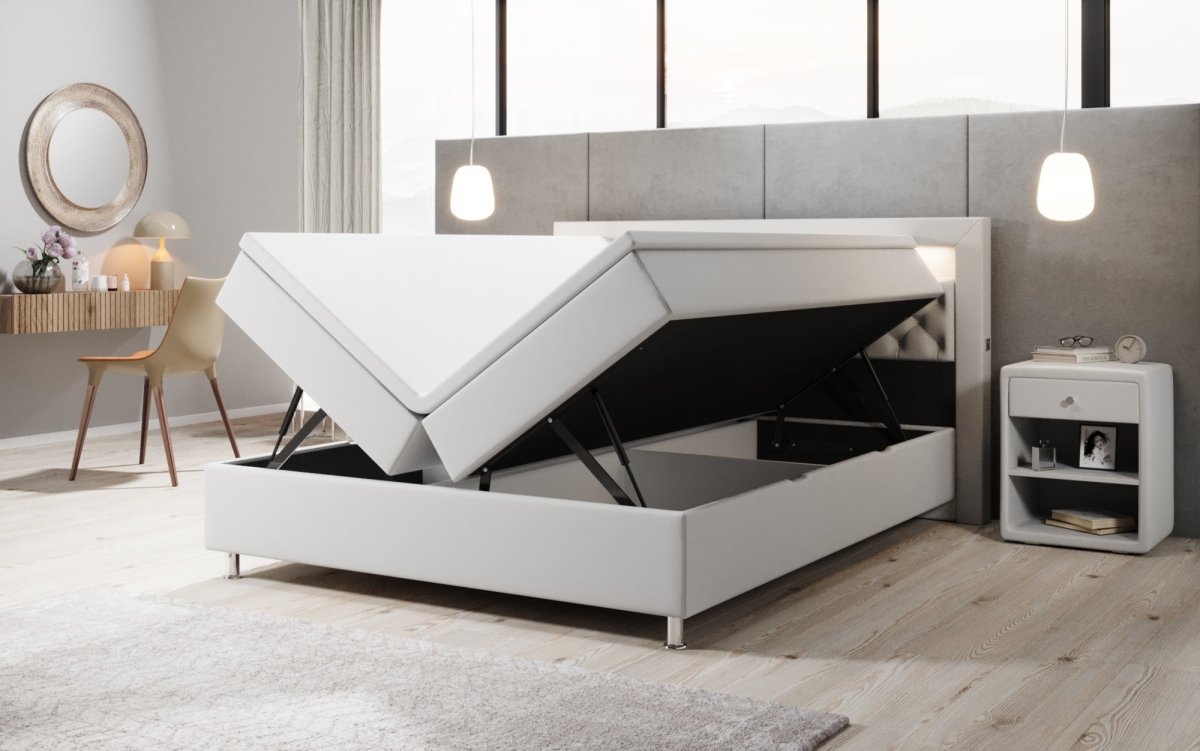 Luxus Boxspringbett Tesero mit Integriertem Stauraum, USB-Ladeanschlüssen und RGB-LED-Beleuchtung