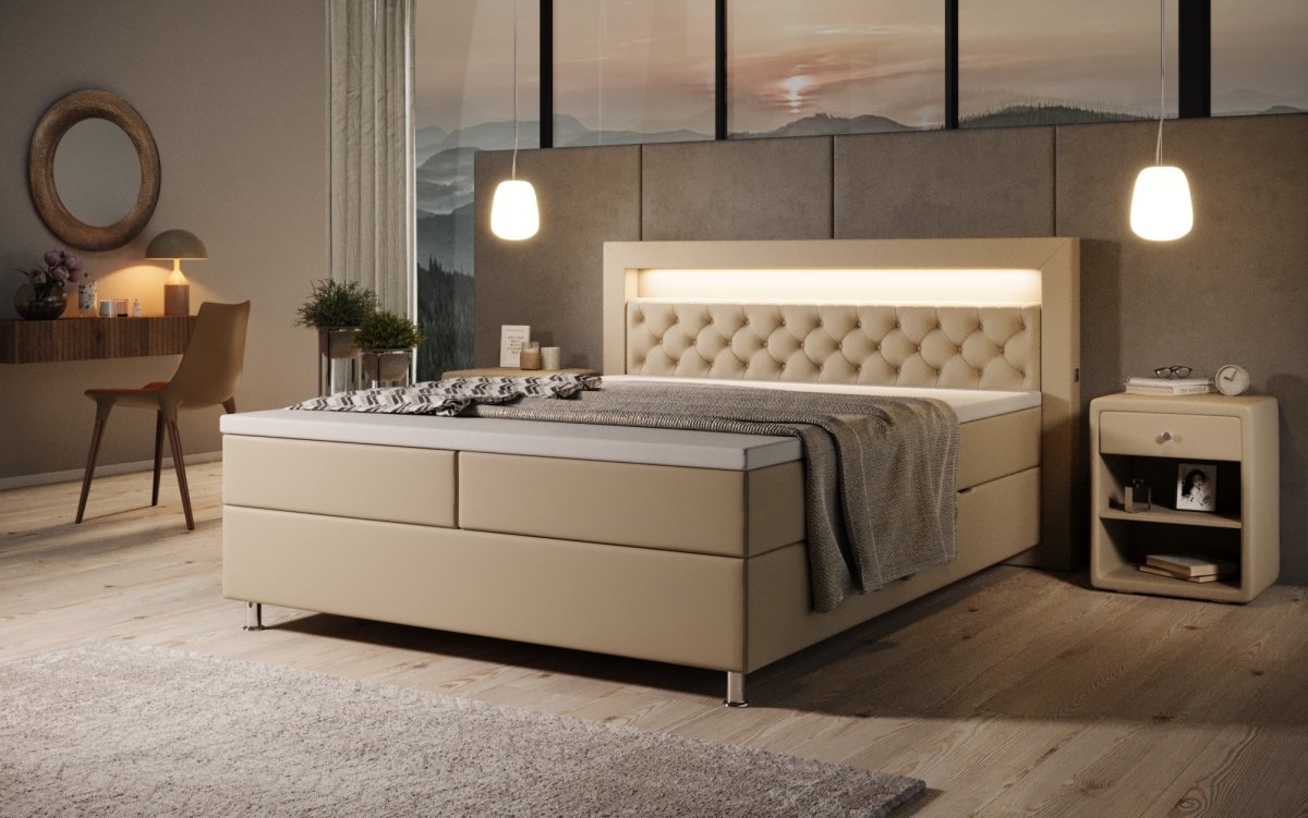 Luxus Boxspringbett Tesero mit Integriertem Stauraum, USB-Ladeanschlüssen und RGB-LED-Beleuchtung