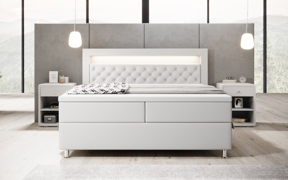 Luxus Boxspringbett Tesero mit Integriertem Stauraum, USB-Ladeanschlüssen und RGB-LED-Beleuchtung
