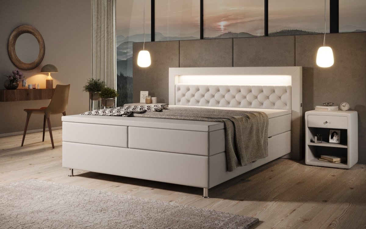 Luxus Boxspringbett Tesero mit Integriertem Stauraum, USB-Ladeanschlüssen und RGB-LED-Beleuchtung