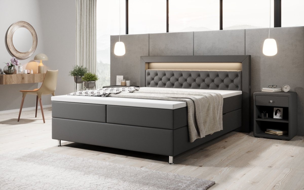 Luxus Boxspringbett Tesero mit Integriertem Stauraum, USB-Ladeanschlüssen und RGB-LED-Beleuchtung