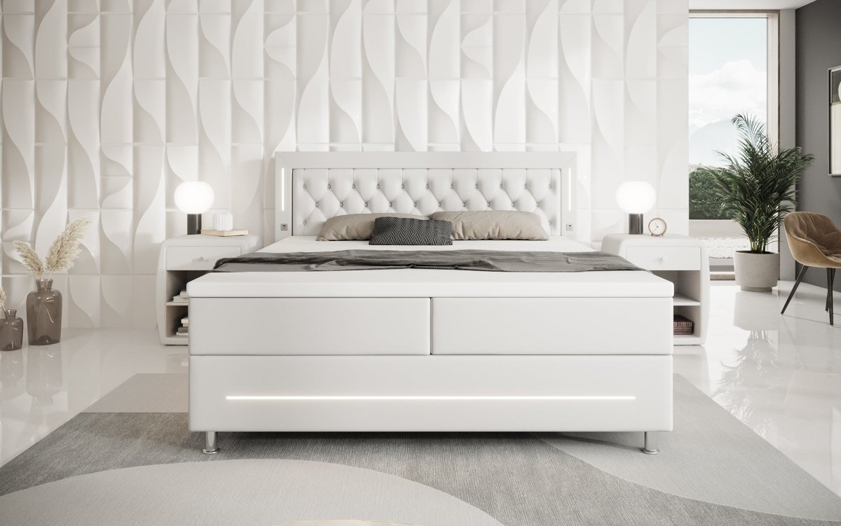 Luxuriöses Boxspringbett Verdino mit RGB-Beleuchtung, USB-Anschlüssen und Praktischem Stauraum