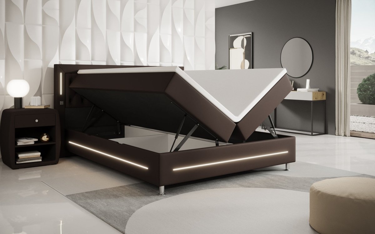 Luxuriöses Boxspringbett Verdino mit RGB-Beleuchtung, USB-Anschlüssen und Praktischem Stauraum