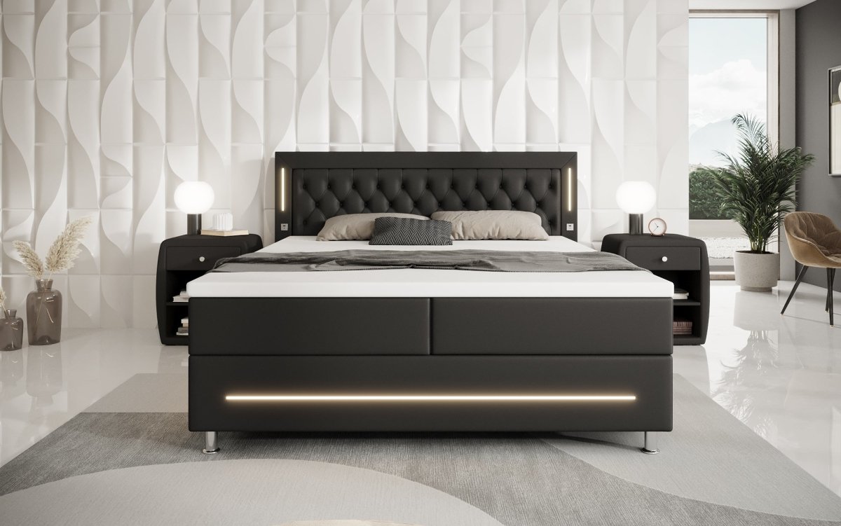 Luxuriöses Boxspringbett Verdino mit RGB-Beleuchtung, USB-Anschlüssen und Praktischem Stauraum
