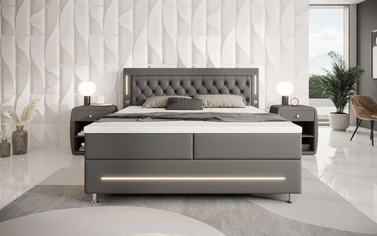 Luxuriöses Boxspringbett Verdino mit RGB-Beleuchtung, USB-Anschlüssen und Praktischem Stauraum