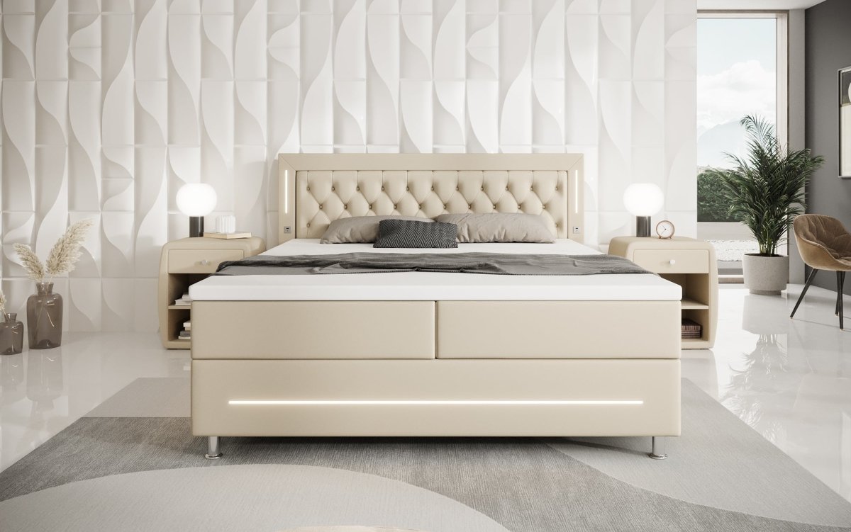 Luxuriöses Boxspringbett Verdino mit RGB-Beleuchtung, USB-Anschlüssen und Praktischem Stauraum