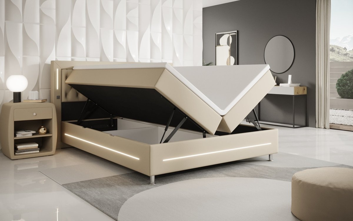 Luxuriöses Boxspringbett Verdino mit RGB-Beleuchtung, USB-Anschlüssen und Praktischem Stauraum