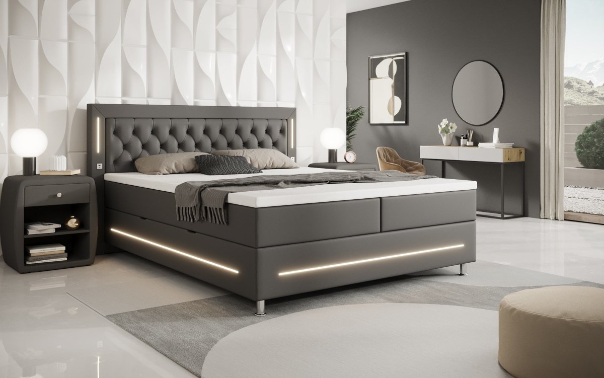 Luxuriöses Boxspringbett Verdino mit RGB-Beleuchtung, USB-Anschlüssen und Praktischem Stauraum