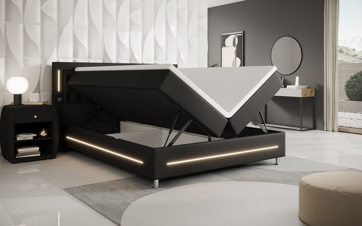 Luxuriöses Boxspringbett Verdino mit RGB-Beleuchtung, USB-Anschlüssen und Praktischem Stauraum