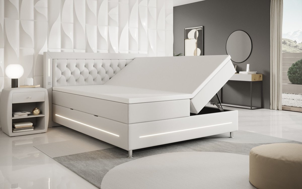 Luxuriöses Boxspringbett Verdino mit RGB-Beleuchtung, USB-Anschlüssen und Praktischem Stauraum