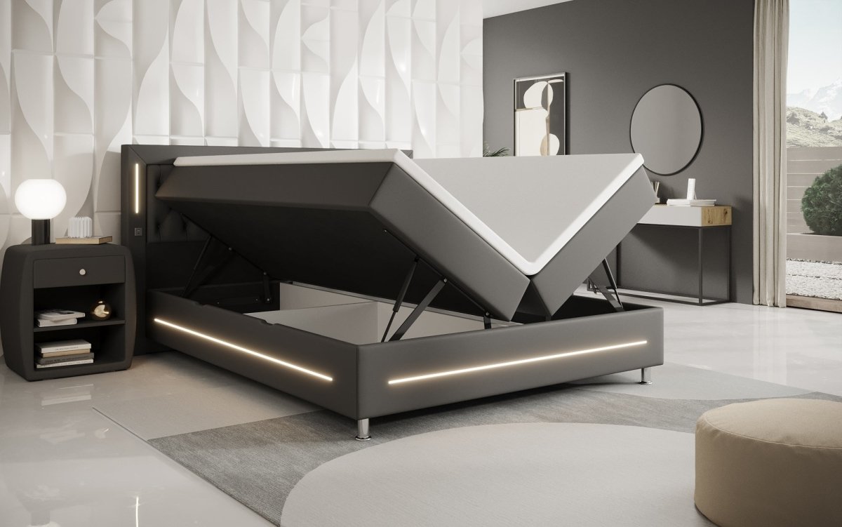 Luxuriöses Boxspringbett Verdino mit RGB-Beleuchtung, USB-Anschlüssen und Praktischem Stauraum
