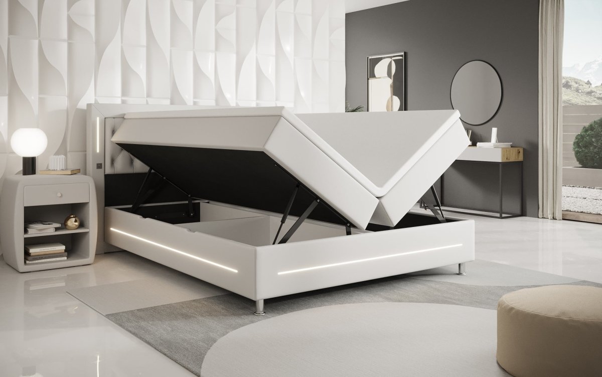Luxuriöses Boxspringbett Verdino mit RGB-Beleuchtung, USB-Anschlüssen und Praktischem Stauraum