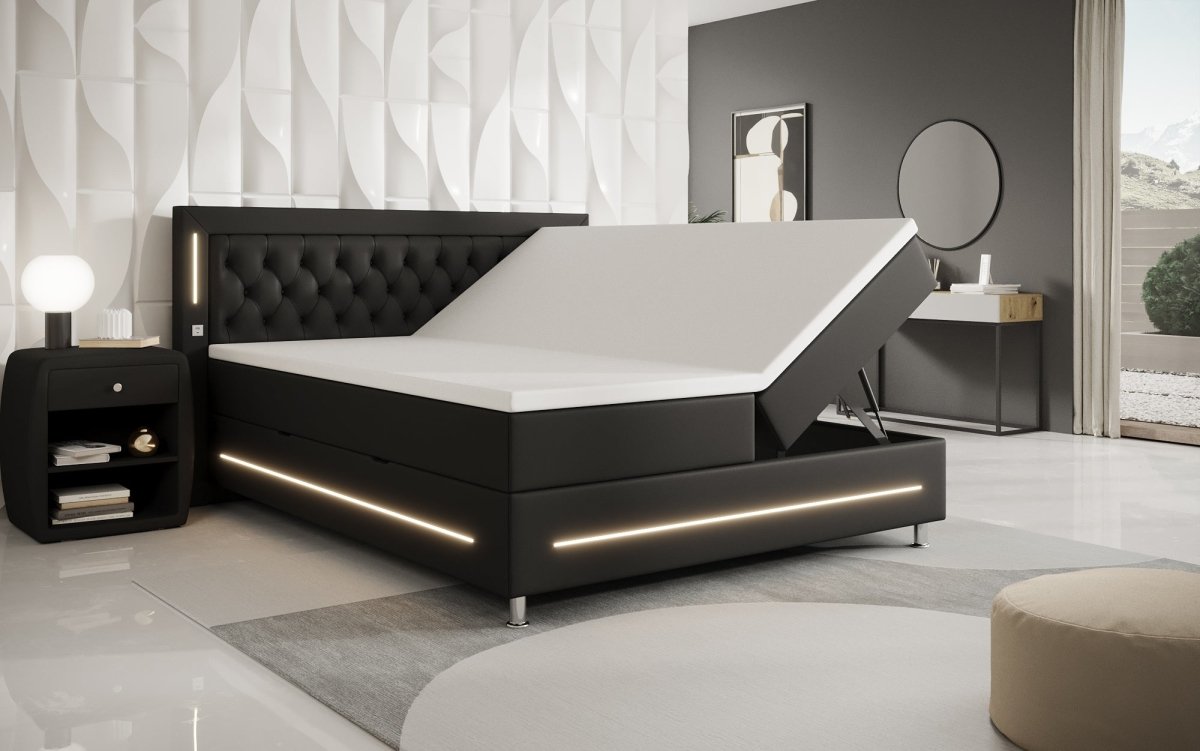 Luxuriöses Boxspringbett Verdino mit RGB-Beleuchtung, USB-Anschlüssen und Praktischem Stauraum