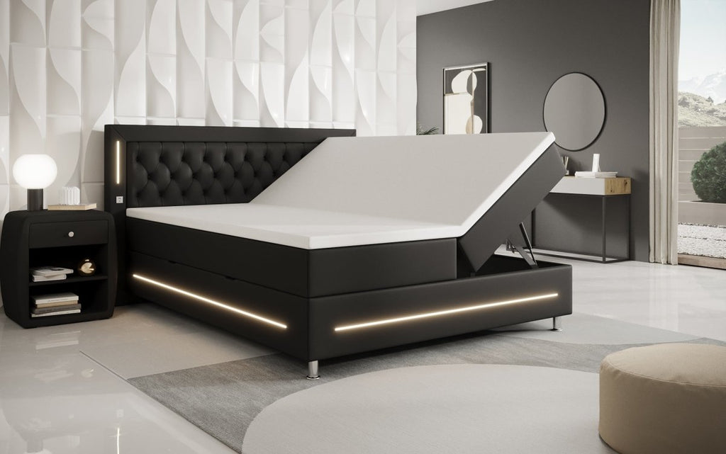 Luxuriöses Boxspringbett Verdino mit RGB-Beleuchtung, USB-Anschlüssen und Praktischem Stauraum