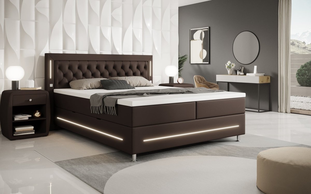Luxuriöses Boxspringbett Verdino mit RGB-Beleuchtung, USB-Anschlüssen und Praktischem Stauraum