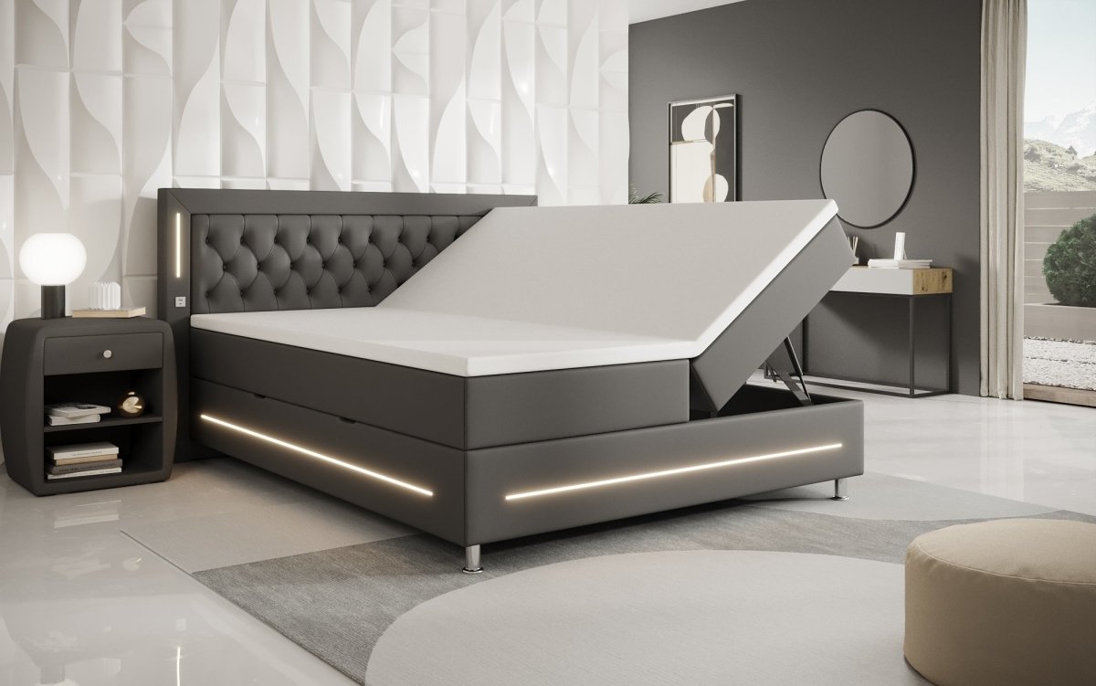 Luxuriöses Boxspringbett Verdino mit RGB-Beleuchtung, USB-Anschlüssen und Praktischem Stauraum