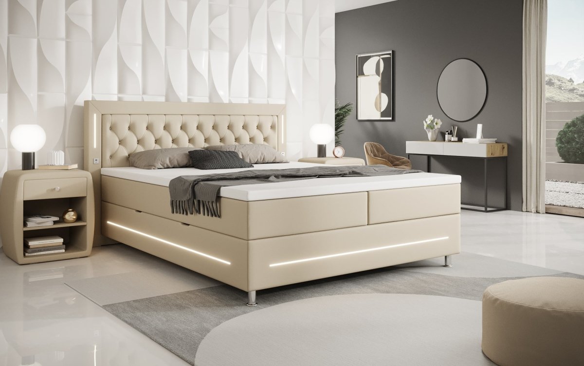Luxuriöses Boxspringbett Verdino mit RGB-Beleuchtung, USB-Anschlüssen und Praktischem Stauraum