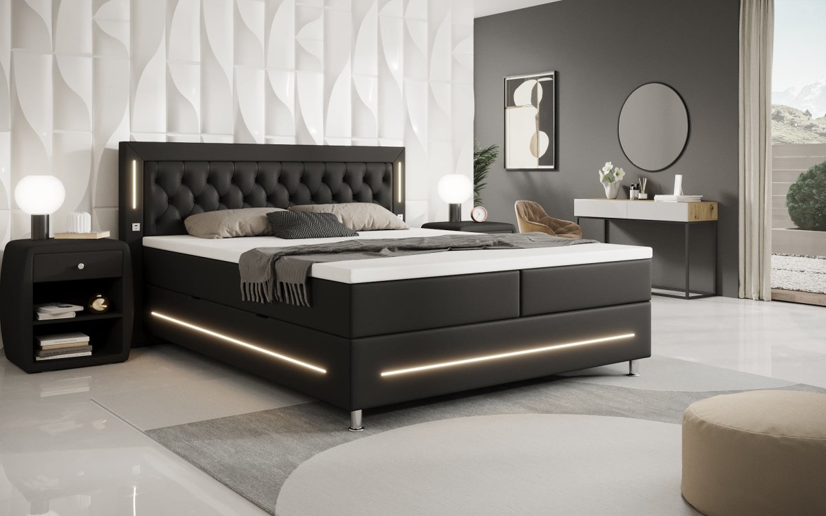 Luxuriöses Boxspringbett Verdino mit RGB-Beleuchtung, USB-Anschlüssen und Praktischem Stauraum