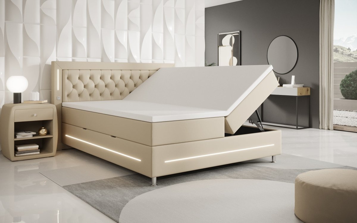Luxuriöses Boxspringbett Verdino mit RGB-Beleuchtung, USB-Anschlüssen und Praktischem Stauraum