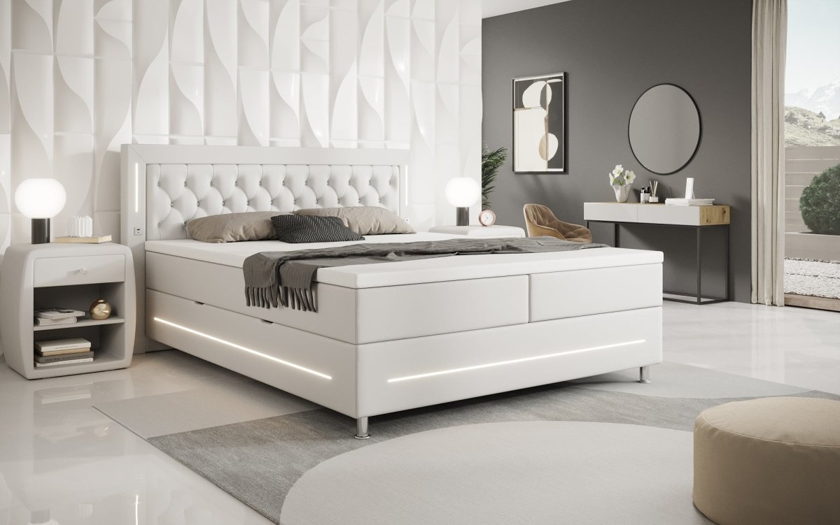 Luxuriöses Boxspringbett Verdino mit RGB-Beleuchtung, USB-Anschlüssen und Praktischem Stauraum