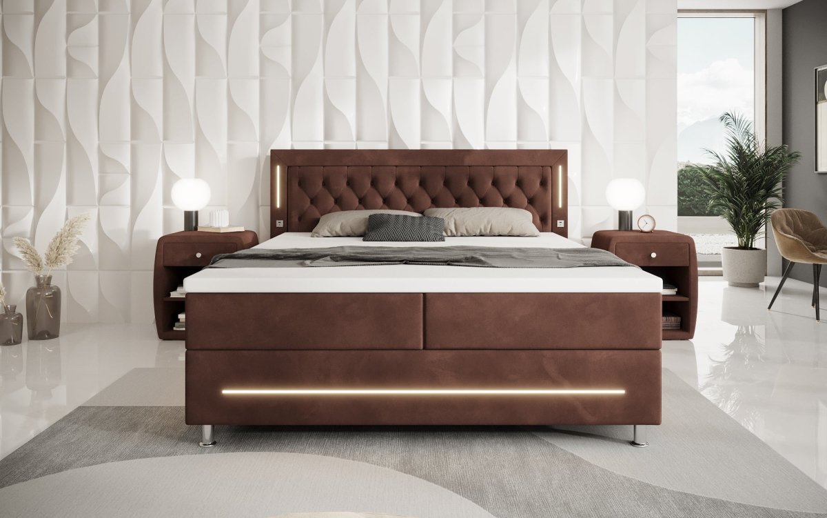 Luxuriöses Boxspringbett Tino: RGB-Beleuchtung, USB-Anschlüsse, praktischer Stauraum für Ihr Zuhause