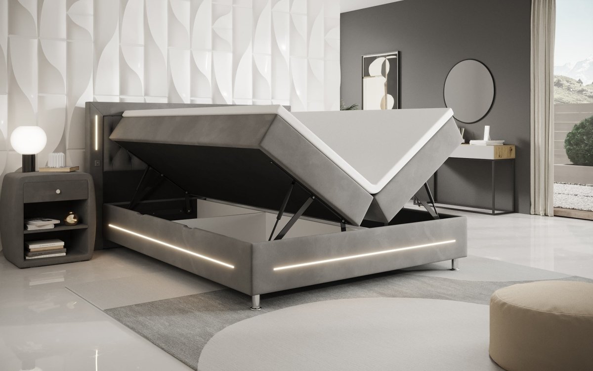 Luxuriöses Boxspringbett Tino: RGB-Beleuchtung, USB-Anschlüsse, praktischer Stauraum für Ihr Zuhause