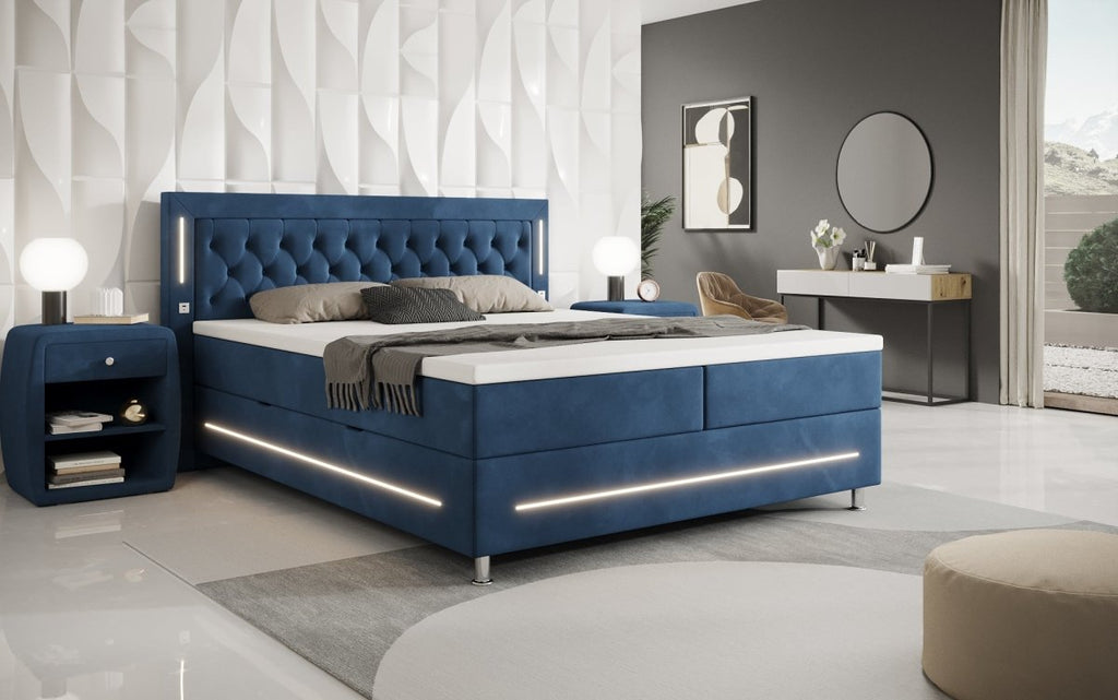 Luxuriöses Boxspringbett Tino: RGB-Beleuchtung, USB-Anschlüsse, praktischer Stauraum für Ihr Zuhause