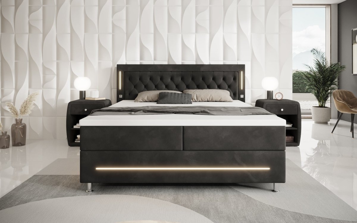 Luxuriöses Boxspringbett Tino: RGB-Beleuchtung, USB-Anschlüsse, praktischer Stauraum für Ihr Zuhause