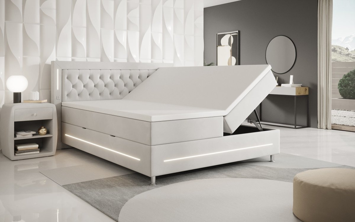 Luxuriöses Boxspringbett Tino: RGB-Beleuchtung, USB-Anschlüsse, praktischer Stauraum für Ihr Zuhause