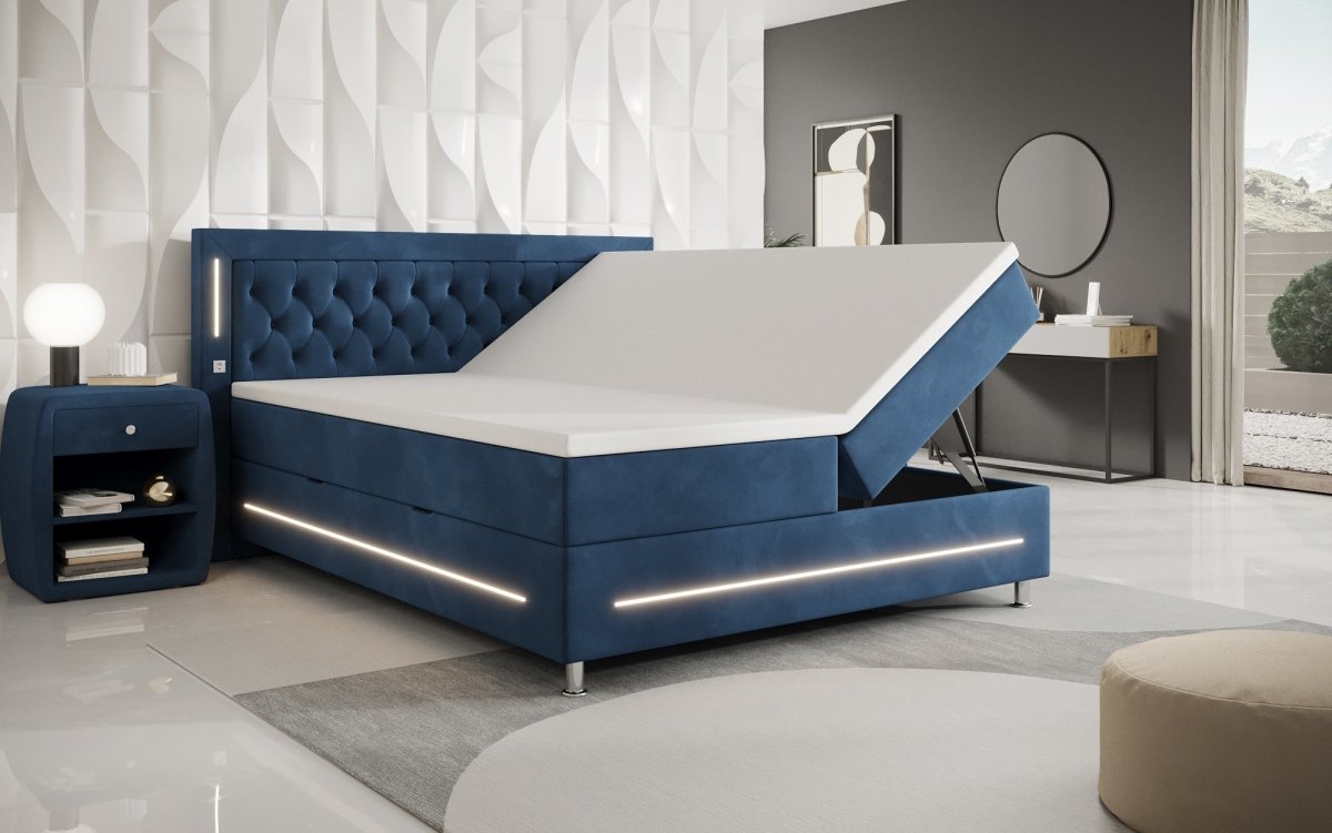 Luxuriöses Boxspringbett Tino: RGB-Beleuchtung, USB-Anschlüsse, praktischer Stauraum für Ihr Zuhause