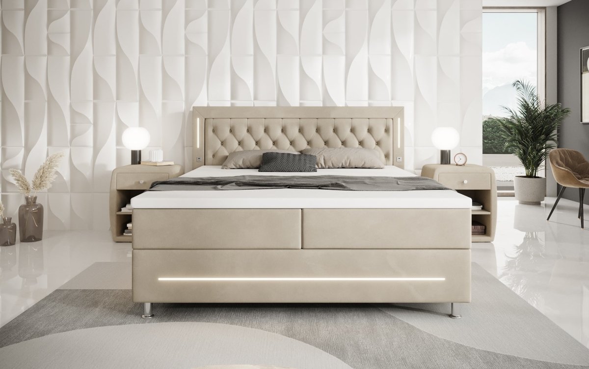 Luxuriöses Boxspringbett Tino: RGB-Beleuchtung, USB-Anschlüsse, praktischer Stauraum für Ihr Zuhause