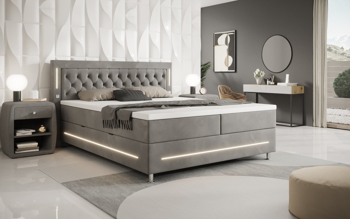 Luxuriöses Boxspringbett Tino: RGB-Beleuchtung, USB-Anschlüsse, praktischer Stauraum für Ihr Zuhause