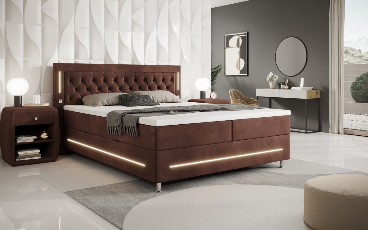 Luxuriöses Boxspringbett Tino: RGB-Beleuchtung, USB-Anschlüsse, praktischer Stauraum für Ihr Zuhause