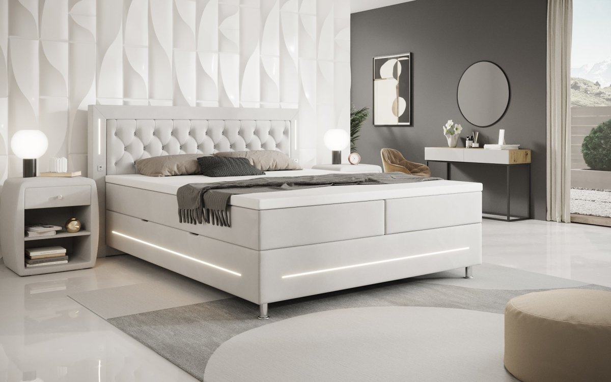 Luxuriöses Boxspringbett Tino: RGB-Beleuchtung, USB-Anschlüsse, praktischer Stauraum für Ihr Zuhause