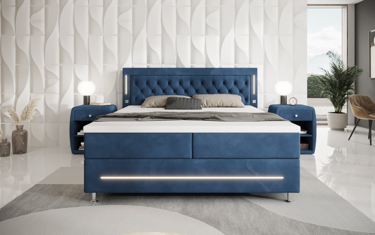 Luxuriöses Boxspringbett Tino: RGB-Beleuchtung, USB-Anschlüsse, praktischer Stauraum für Ihr Zuhause