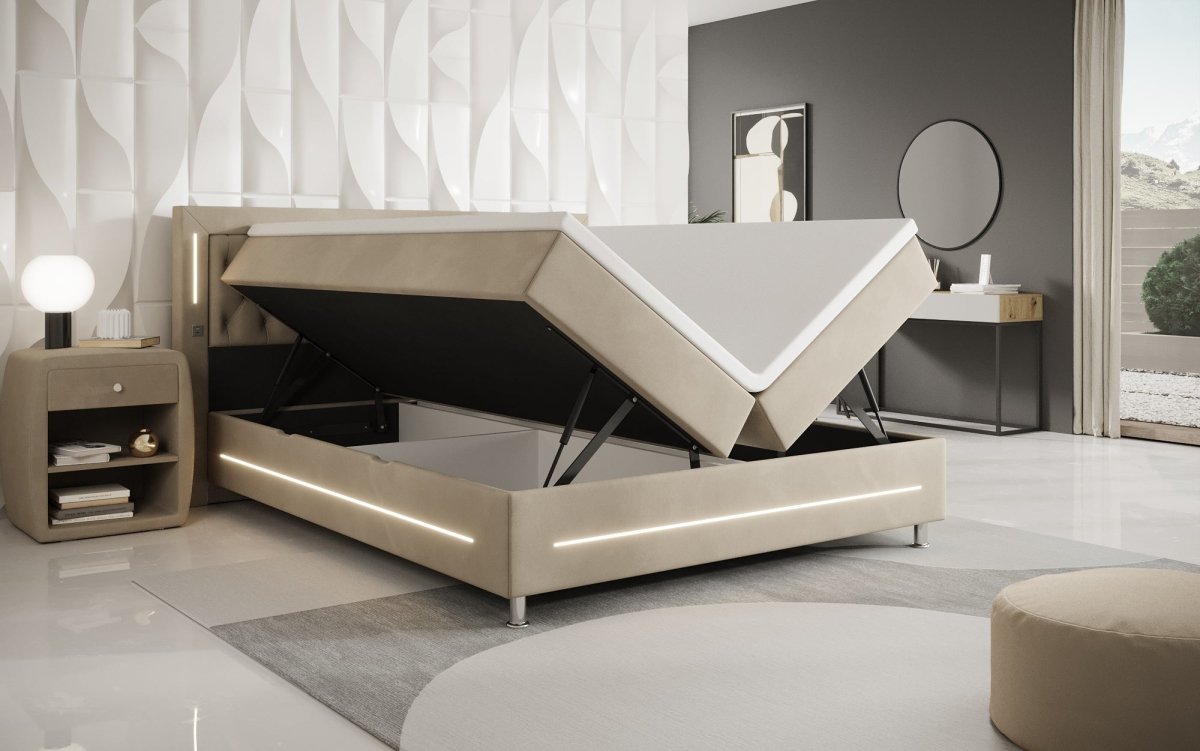Luxuriöses Boxspringbett Tino: RGB-Beleuchtung, USB-Anschlüsse, praktischer Stauraum für Ihr Zuhause