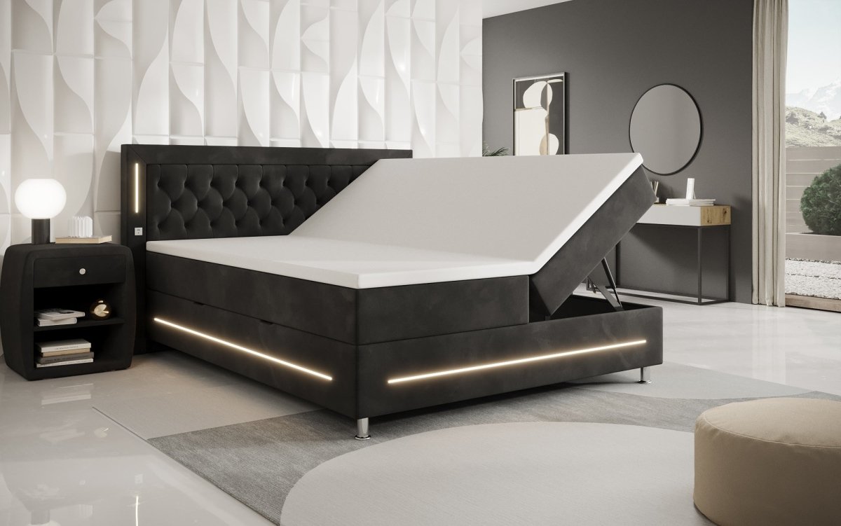Luxuriöses Boxspringbett Tino: RGB-Beleuchtung, USB-Anschlüsse, praktischer Stauraum für Ihr Zuhause